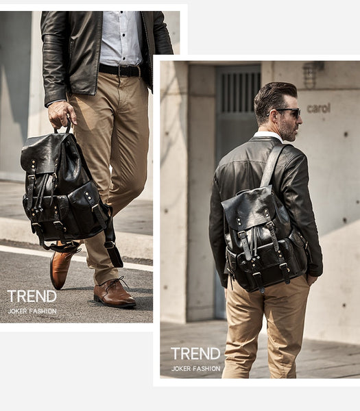 Men's Leather Retro Fashion School Casual Large Capacity Backpack  -  GeraldBlack.com