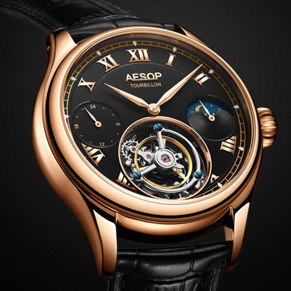 Men's Leather Sapphire Moon Phase Real Tourbillon Mechanical Wristwatch - SolaceConnect.com