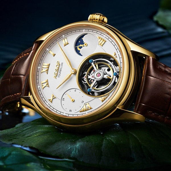 Men's Leather Sapphire Moon Phase Real Tourbillon Mechanical Wristwatch - SolaceConnect.com