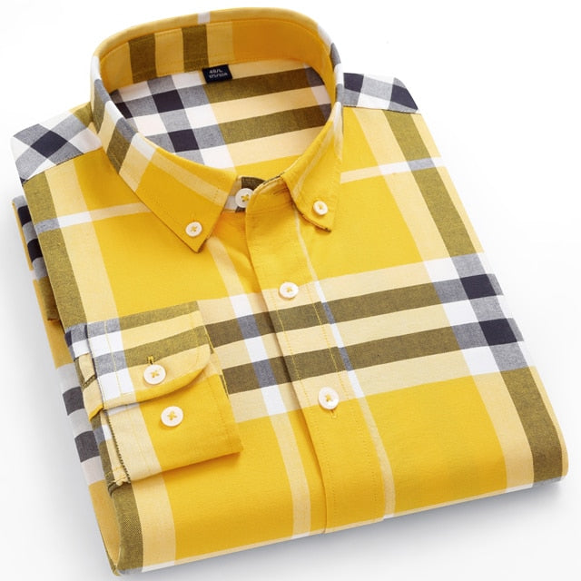 Men's Long Sleeve Button Down Plaid Striped Oxford Shirt Pocketless Design Comfortable 100% Cotton Standard-fit Casual Shirts  -  GeraldBlack.com