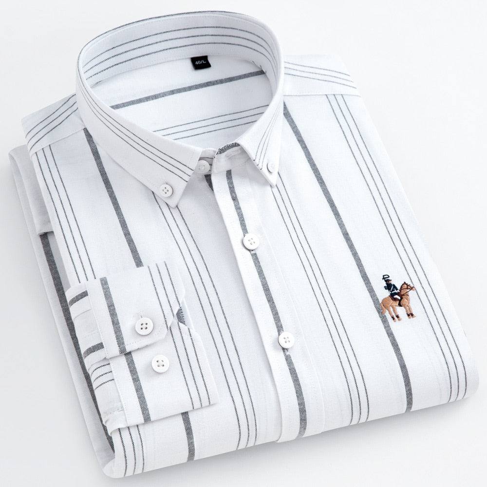 Men's Long Sleeve Casual Contrast Striped Oxford Shirt with Embroidered Logo  -  GeraldBlack.com