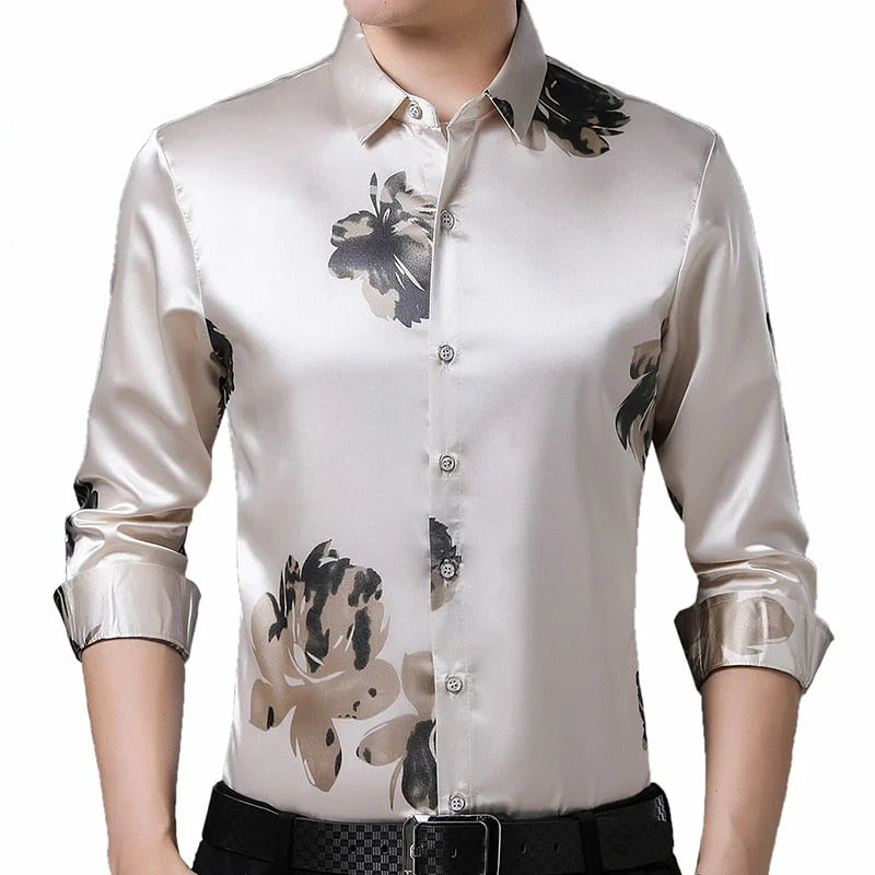Men's Long Sleeve Social Shirt Spring Streetwear Casual Floral Dress Slim Regular Fit Clothes  -  GeraldBlack.com