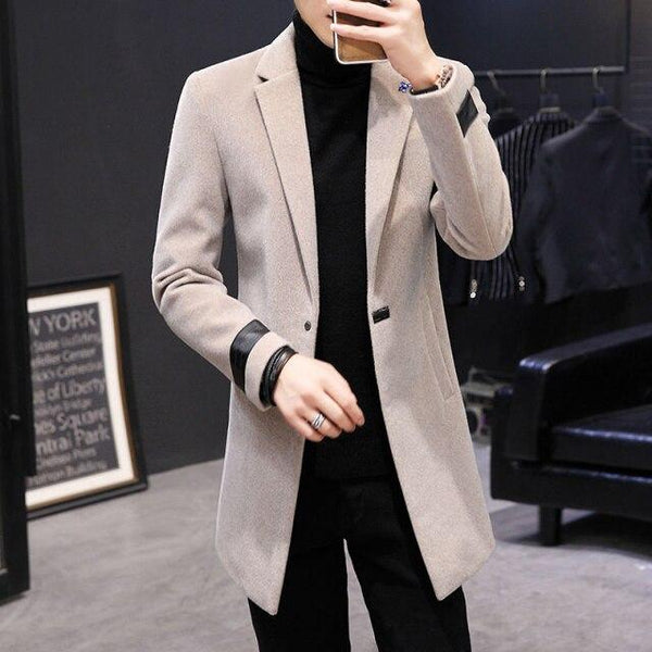 Men's Long Slim Woolen British Style Thick Windbreaker for Autumn and Winter - SolaceConnect.com