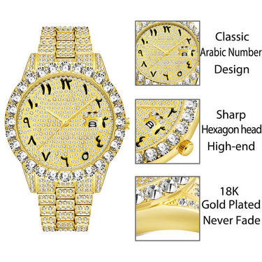 Men's Luxury 18k Gold Big Diamond Arabic Numerals with Calendar Watches - SolaceConnect.com