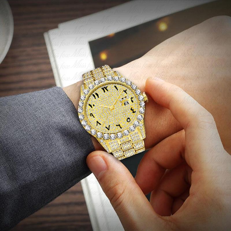 Men's Luxury 18k Gold Big Diamond Arabic Numerals with Calendar Watches  -  GeraldBlack.com