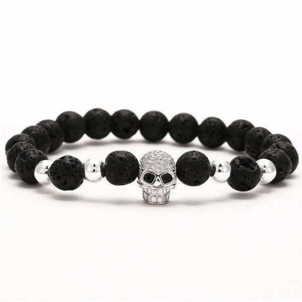 Men's Luxury Natural Lava Stone Skull Crown Pave CZ Beads Bracelet Sets - SolaceConnect.com