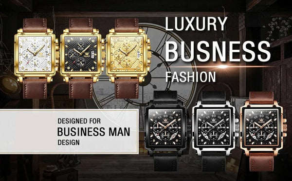 Men's Luxury Square Quartz Sports Leather Waterproof Wristwatch Gift Clock with Box  -  GeraldBlack.com