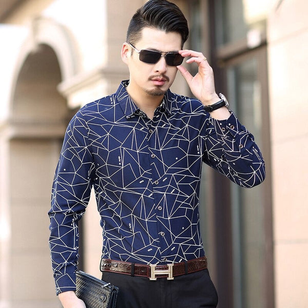 Men's M to Plus Size Printed Long Sleeve Slim Fit Business Leisure Shirt  -  GeraldBlack.com