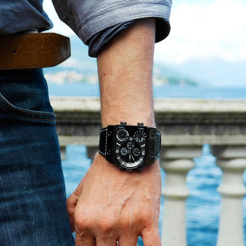 Men's Military Style Leather Strap Multi-Time Zone Quartz Wristwatches  -  GeraldBlack.com