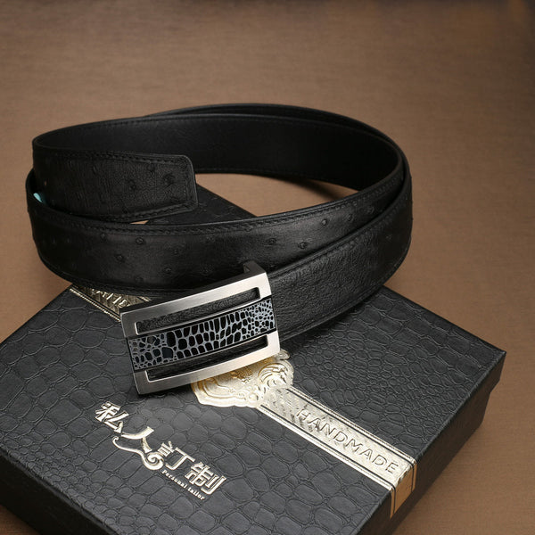 Men's Ostrich Leather Canto Holographic Business Plate Buckle Belt  -  GeraldBlack.com