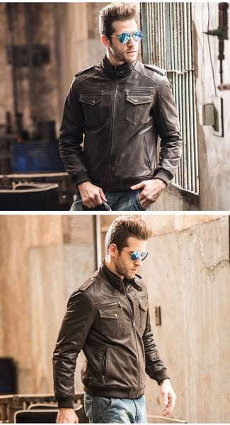 Men's Padded Cotton Warm Genuine Pigskin Leather Motorcycle Jacket - SolaceConnect.com