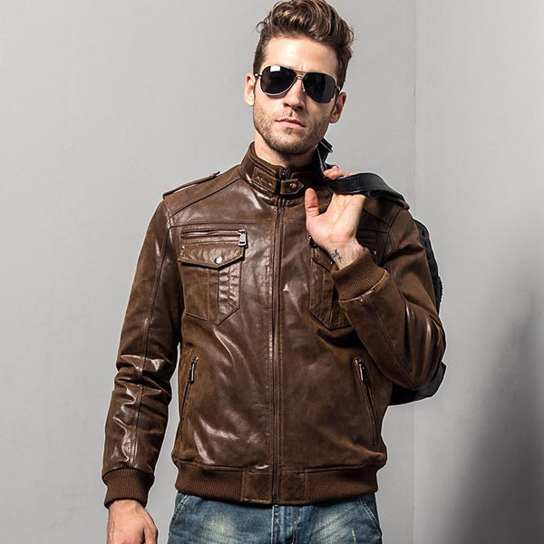 Men's Padded Cotton Warm Genuine Pigskin Leather Motorcycle Jacket  -  GeraldBlack.com