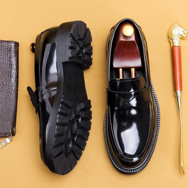 Men's Patent Leather Round Head Thick Bottom Designer Business Loafers  -  GeraldBlack.com
