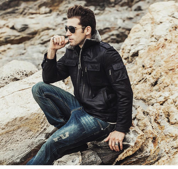 Men's Pigskin Leather with Faux Fur Shearling Winter Motorcycle Jacket - SolaceConnect.com