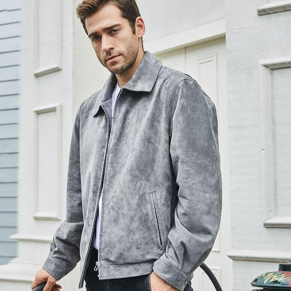 Men's Pigskin Real Leather Turn-down Collar Loose Fit Bomber Coat - SolaceConnect.com