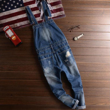 Men's Plus Size Ankle Length Denim Overalls Ripped Crop Jeans with Pocket - SolaceConnect.com