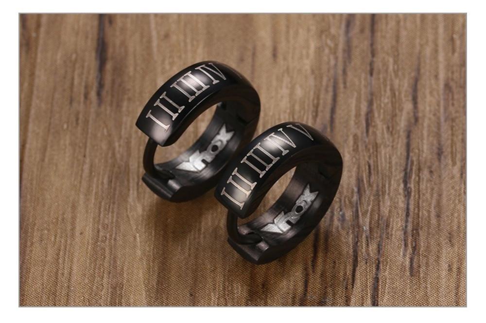 Men's Punk Roman Numerals Stainless Steel Black Hoop Earrings Jewelry - SolaceConnect.com