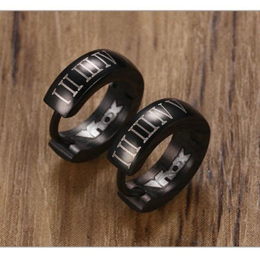 Men's Punk Roman Numerals Stainless Steel Black Hoop Earrings Jewelry - SolaceConnect.com