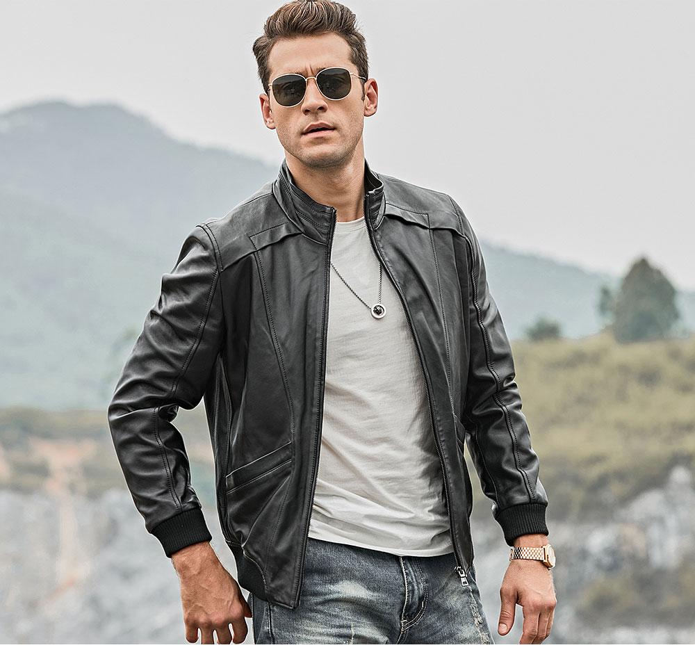 Men's Real Lambskin Leather Motorcycle Jacket with Standing Collar - SolaceConnect.com