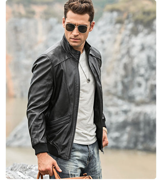 Men's Real Lambskin Leather Motorcycle Jacket with Standing Collar - SolaceConnect.com