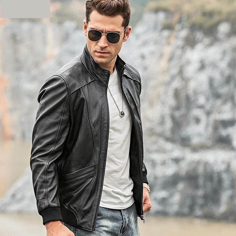 Men's Real Lambskin Leather Motorcycle Jacket with Standing Collar  -  GeraldBlack.com