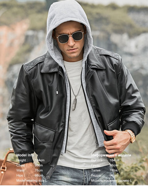 Men's Real Lambskin Leather Removable Hood Pilot Air Force Bomber Jacket - SolaceConnect.com