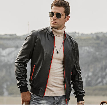 Men's Real Lambskin Slim Fit Motorcycle Jacket with Standing Collar - SolaceConnect.com