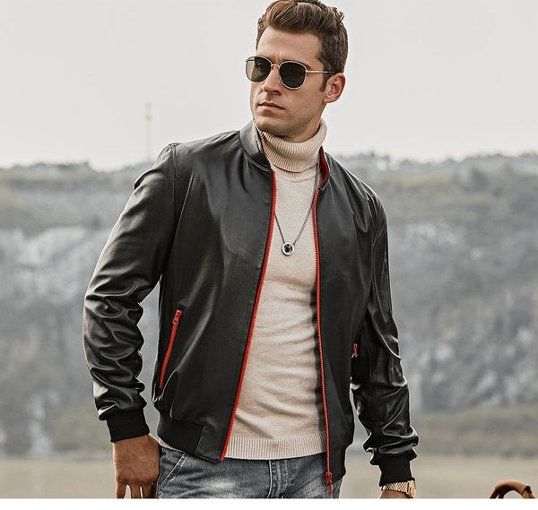 Men's Real Lambskin Slim Fit Motorcycle Jacket with Standing Collar - SolaceConnect.com