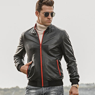 Men's Real Lambskin Slim Fit Motorcycle Jacket with Standing Collar  -  GeraldBlack.com