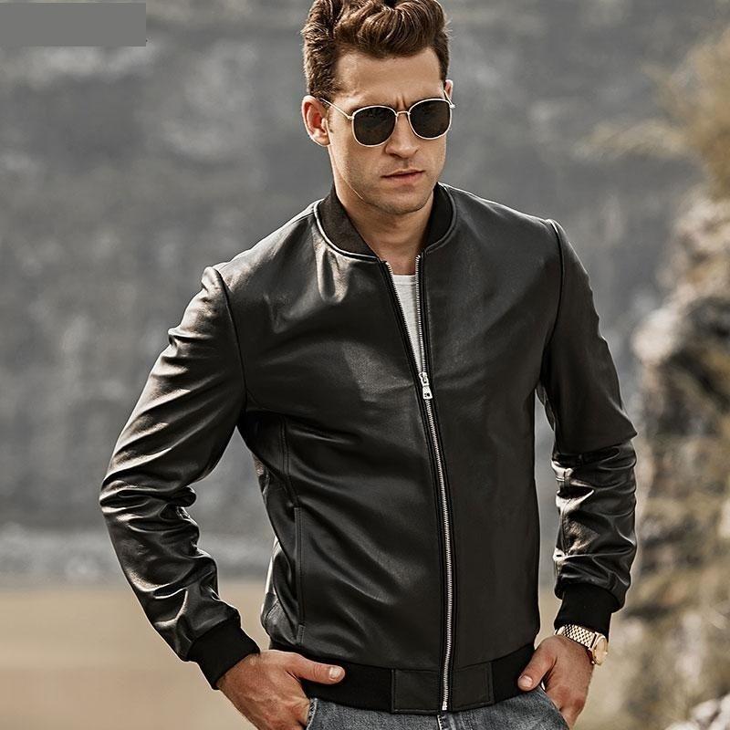 Men's Real Leather Baseball Lambskin Genuine Leather Slim Fit Jacket - SolaceConnect.com