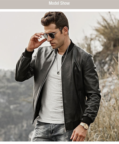 Men's Real Leather Baseball Lambskin Genuine Leather Slim Fit Jacket - SolaceConnect.com