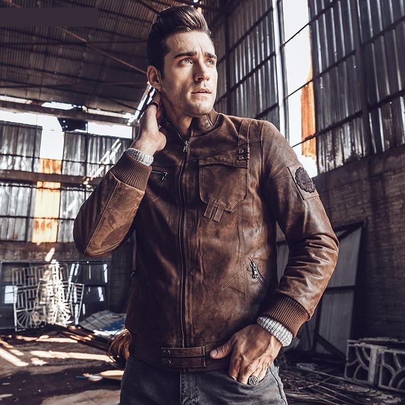 Men's Real Leather Cotton Padding Winter Warm Motorcycle Bomber Jacket - SolaceConnect.com