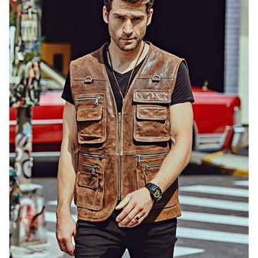 Men's Real Leather Motorcycle Fishing Travel Vest Jacket for Outdoor - SolaceConnect.com
