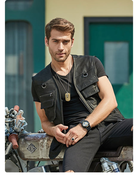 Men's Real Leather Motorcycle Fishing Travel Vest Jacket for Outdoor - SolaceConnect.com