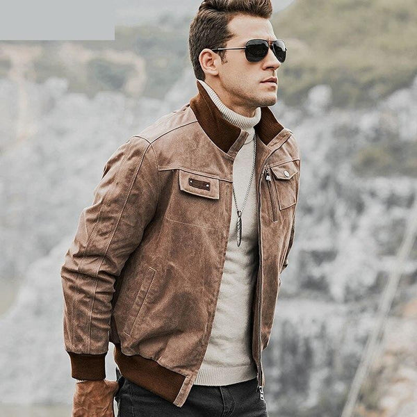 Men's Real Leather Rib Cuff Motorcycle Biker Jacket with Standing Collar - SolaceConnect.com