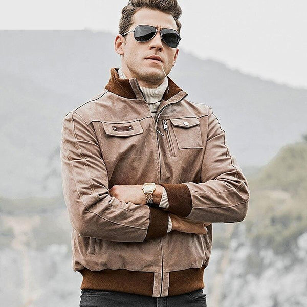 Men's Real Leather Rib Cuff Motorcycle Biker Jacket with Standing Collar - SolaceConnect.com