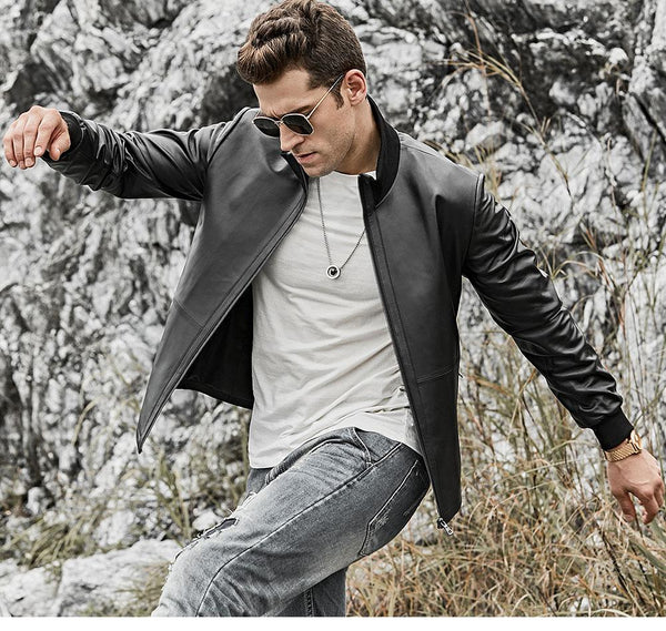 Men's Real Leather Rib Cuff Motorcycle Jacket with Standing Collar - SolaceConnect.com