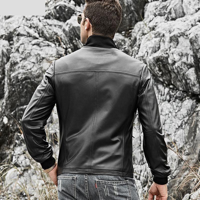 Men's Real Leather Rib Cuff Motorcycle Jacket with Standing Collar - SolaceConnect.com