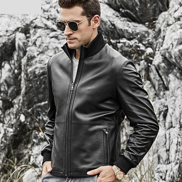 Men's Real Leather Rib Cuff Motorcycle Jacket with Standing Collar  -  GeraldBlack.com