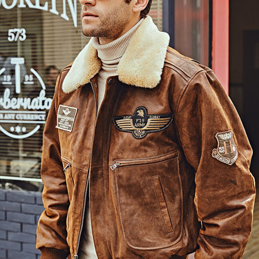Men's Real Pigskin Leather Bomber Winter Jacket with Removable Fur Collar - SolaceConnect.com