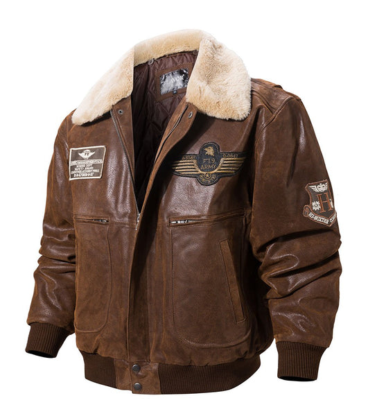 Men's Real Pigskin Leather Bomber Winter Jacket with Removable Fur Collar - SolaceConnect.com