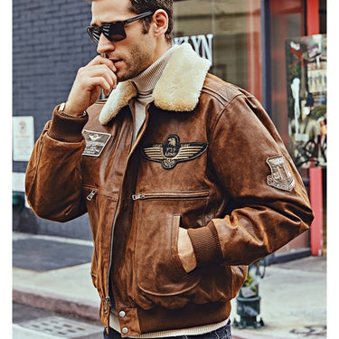 Men's Real Pigskin Leather Bomber Winter Jacket with Removable Fur Collar  -  GeraldBlack.com