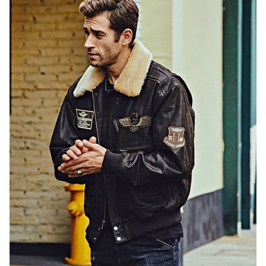 Men's Real Pigskin Leather Bomber Winter Jacket with Removable Fur Collar  -  GeraldBlack.com