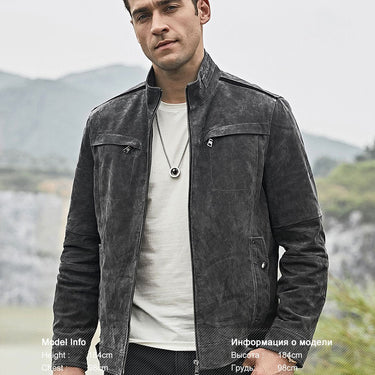 Men's Real Pigskin Leather Gray Biker Jacket with Standing Collar - SolaceConnect.com