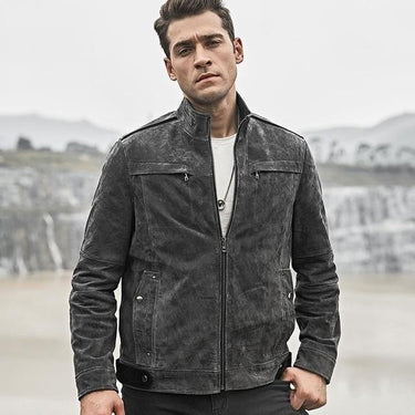 Men's Real Pigskin Leather Gray Biker Jacket with Standing Collar - SolaceConnect.com