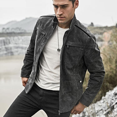 Men's Real Pigskin Leather Gray Biker Jacket with Standing Collar  -  GeraldBlack.com