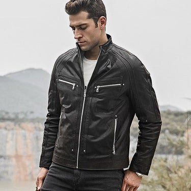 Men's Real Pigskin Leather Motorcycle Jacket with Zipper Closure - SolaceConnect.com