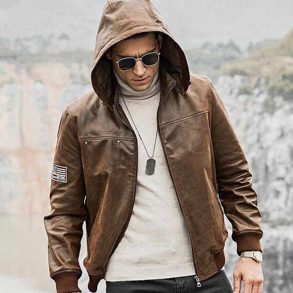 Men's Real Pigskin Leather Motorcycle Jackets with Removable Hood - SolaceConnect.com