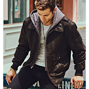 Men's Removable Hood Air Force Genuine Leather Bomber Jackets - SolaceConnect.com