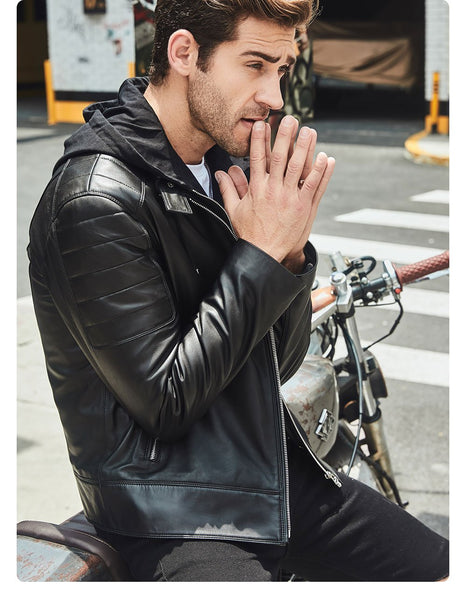 Men's Removable Hood Black Real Sheepskin Leather Motorcycle Jacket - SolaceConnect.com